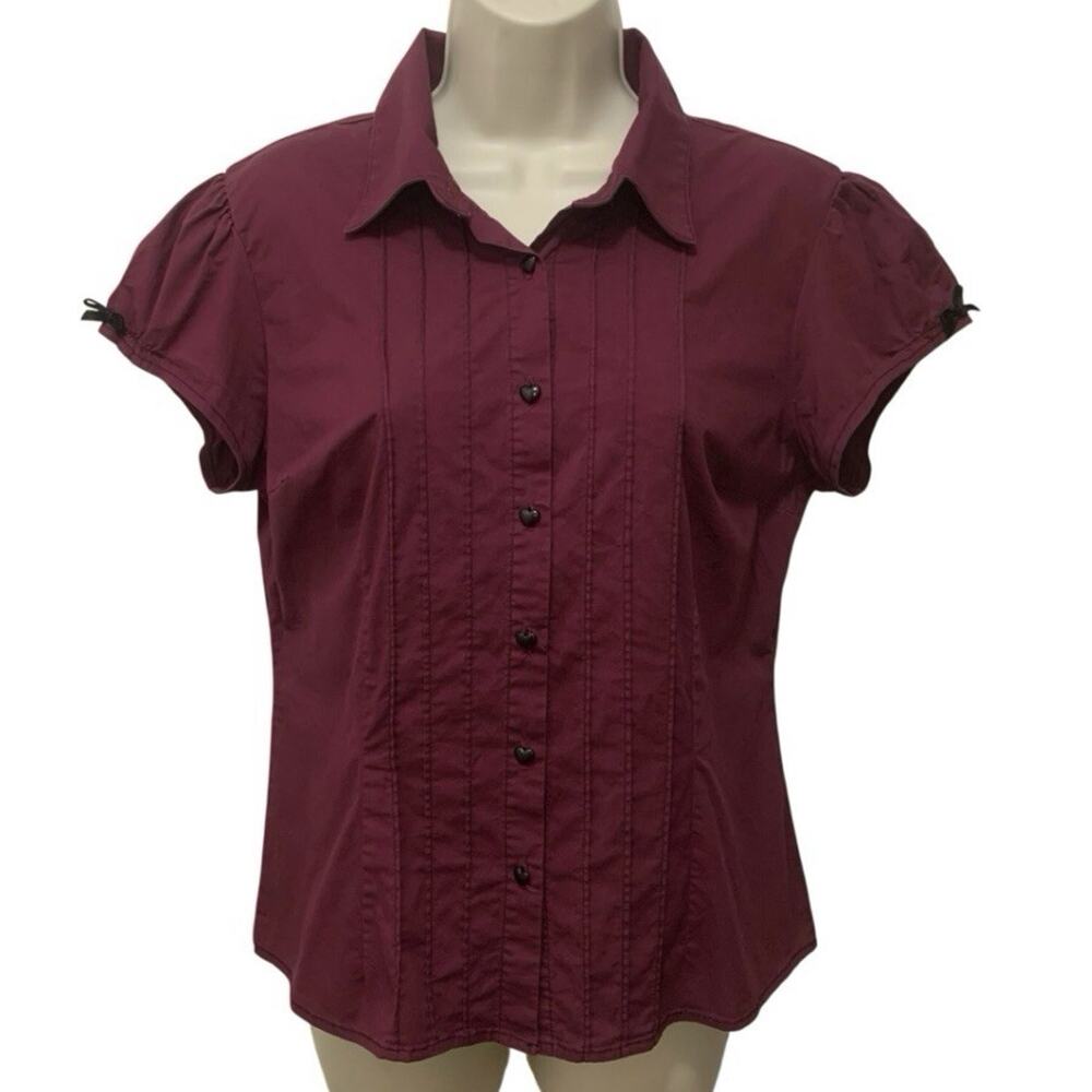 Morbid Threads Burgundy Goth Blouse Womens XL Pintuck Puff Sleeve Heart Buttons